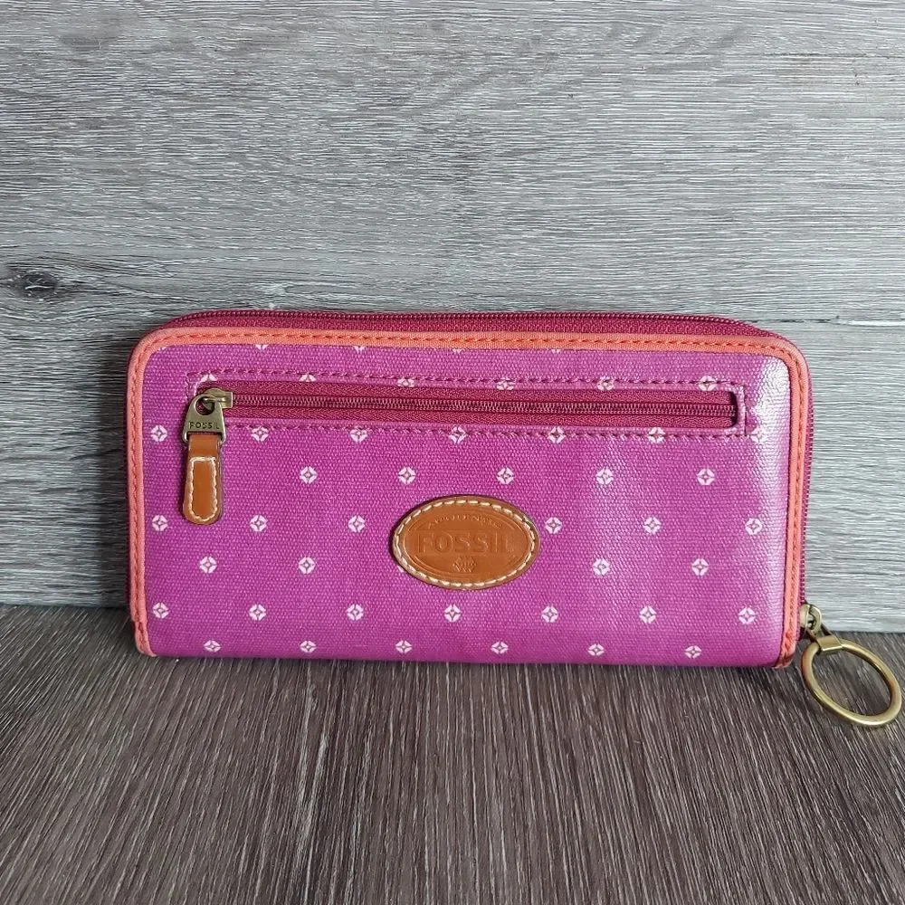Fossil Magenta Coated Canvas Leather Trim Zip Around Credit Card Wallet